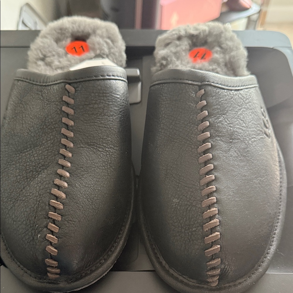 UGG Black Leather Loafers with Gray Fur Lining NWT